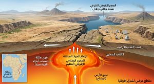 رسم بياني يوضح التصدع الإفريقي الشرقي ونشاط العمود الوشاحي.
