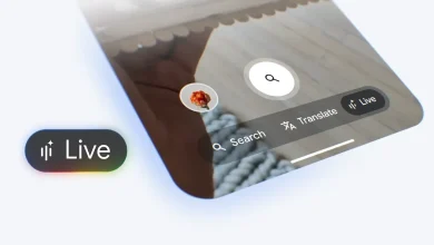 هاتف ذكي يعرض ميزة Search Live في تطبيق جوجل، مع أيقونة الكاميرا والذكاء الاصطناعي.