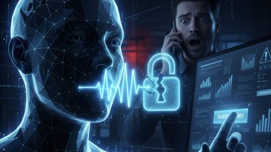 تمثيل رقمي لوجه بشري يصدر موجات صوتية وقفل رقمي مكسور، مع رجل مصدوم يتحدث في الهاتف وواجهة تحويل أموال على شاشة الكمبيوتر، يرمز للاحتيال الصوتي.