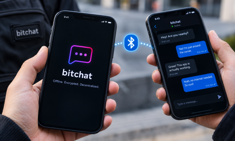 تطبيق بيت شات Bitchat للمراسلة دون إنترنت عبر البلوتوث، يظهر على هاتفي ذكيين مع رمز البلوتوث ومحادثة توضح إمكانية تبادل الرسائل بين الأجهزة القريبة دون اتصال تقليدي بالإنترنت.