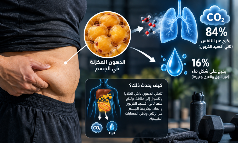 إنفوجرافيك يوضح مسار الدهون عند حرقها: 84% تخرج زفيراً كثاني أكسيد كربون، و16% تخرج سوائل كالماء والبول.
