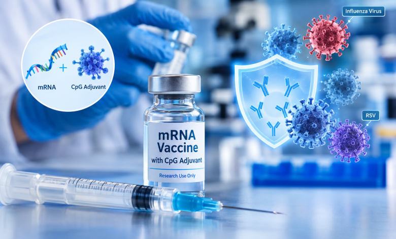 قارورة لقاح تجريبي بتقنية الحمض النووي الريبي المرسال mRNA مع مادة مساعدة للمناعة CpG داخل مختبر طبي، وبجانبها حقنة ورموز توضيحية للأجسام المضادة والفيروسات التنفسية مثل الإنفلونزا والفيروس المخلوي التنفسي.