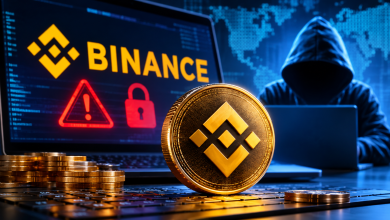 اختراق منصة بينانس للعملات الرقمية وظهور شعار Binance على عملة ذهبية أمام حاسوب يعرض تحذيرات أمنية وقراصنة إلكترونيين في الخلفية، في مشهد يرمز إلى الهجوم السيبراني وسرقة الأصول الرقمية.