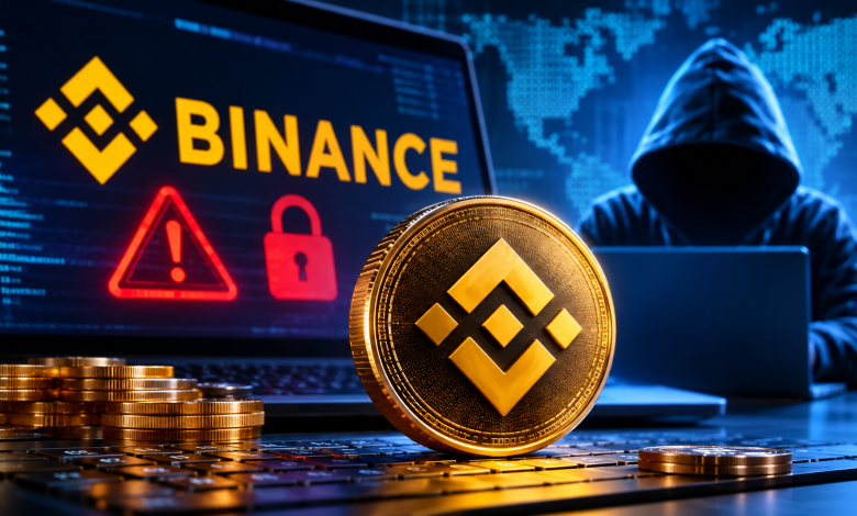 اختراق منصة بينانس للعملات الرقمية وظهور شعار Binance على عملة ذهبية أمام حاسوب يعرض تحذيرات أمنية وقراصنة إلكترونيين في الخلفية، في مشهد يرمز إلى الهجوم السيبراني وسرقة الأصول الرقمية.