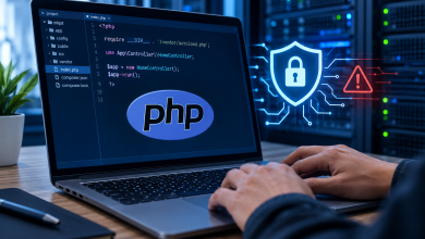 ثغرات أمنية في PHP تهدد المواقع الإلكترونية، مبرمج يعمل على حاسوب محمول يعرض شيفرات PHP مع رموز الحماية السيبرانية والتحذير الأمني أمام خوادم الإنترنت