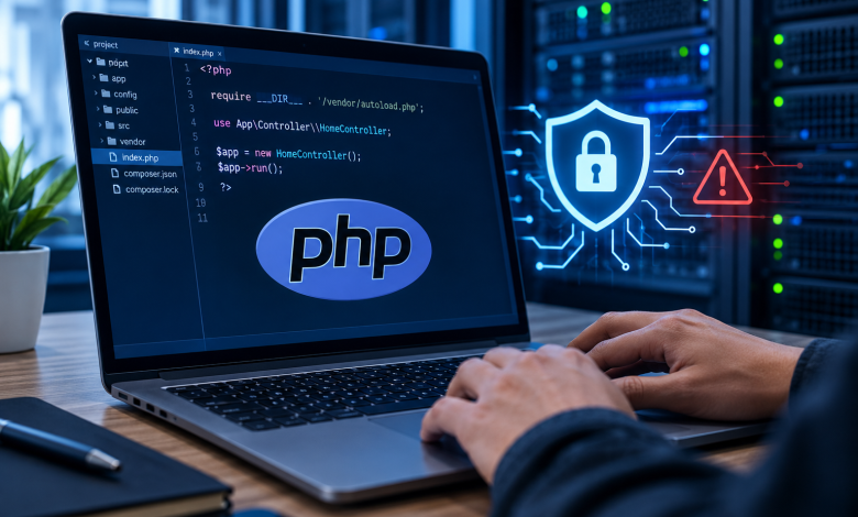 ثغرات أمنية في PHP تهدد المواقع الإلكترونية، مبرمج يعمل على حاسوب محمول يعرض شيفرات PHP مع رموز الحماية السيبرانية والتحذير الأمني أمام خوادم الإنترنت