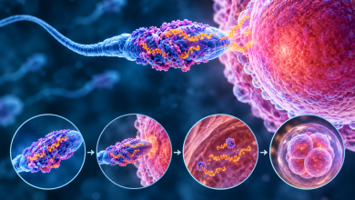 صورة علمية توضيحية لحيوان منوي يحمل جزيئات الحمض النووي الريبي RNA المرتبطة بألياف بروتينية متشابكة، أثناء اقترابه من البويضة، مع عرض مراحل انتقال المادة الوراثية وتطور الجنين في مراحله الأولى، ضمن دراسة علمية عن بروتينات الأميلويد.
