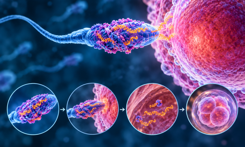 صورة علمية توضيحية لحيوان منوي يحمل جزيئات الحمض النووي الريبي RNA المرتبطة بألياف بروتينية متشابكة، أثناء اقترابه من البويضة، مع عرض مراحل انتقال المادة الوراثية وتطور الجنين في مراحله الأولى، ضمن دراسة علمية عن بروتينات الأميلويد.