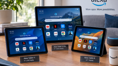 أجهزة أمازون اللوحية الجديدة المزودة بمساعد أليكسا الذكي Alexa+ ونظام أندرويد ومتجر Google Play، بثلاثة أحجام مختلفة للاستخدام المنزلي والترفيه والتحكم في الأجهزة الذكية.