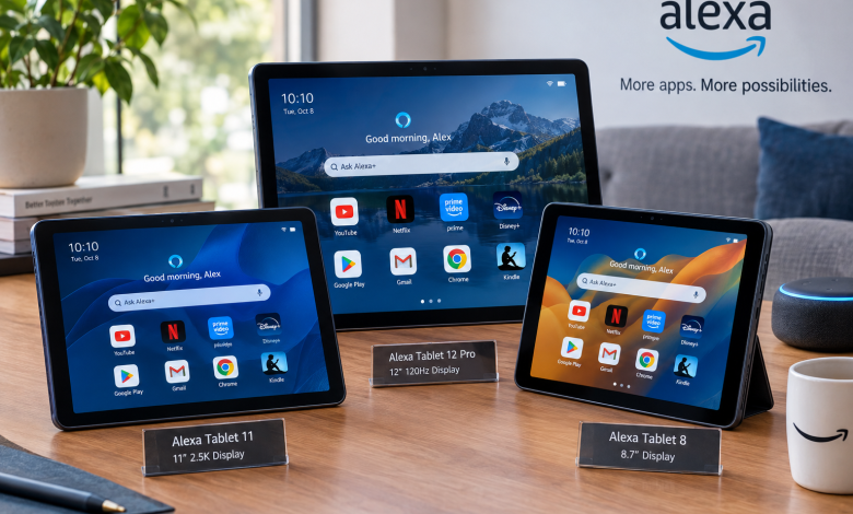 أجهزة أمازون اللوحية الجديدة المزودة بمساعد أليكسا الذكي Alexa+ ونظام أندرويد ومتجر Google Play، بثلاثة أحجام مختلفة للاستخدام المنزلي والترفيه والتحكم في الأجهزة الذكية.