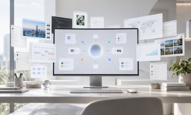 واجهة تقنية حديثة تمثل وكيل الذكاء الاصطناعي Dots من OpenAI مع شاشة مركزية متصلة بعدة تطبيقات وخدمات رقمية