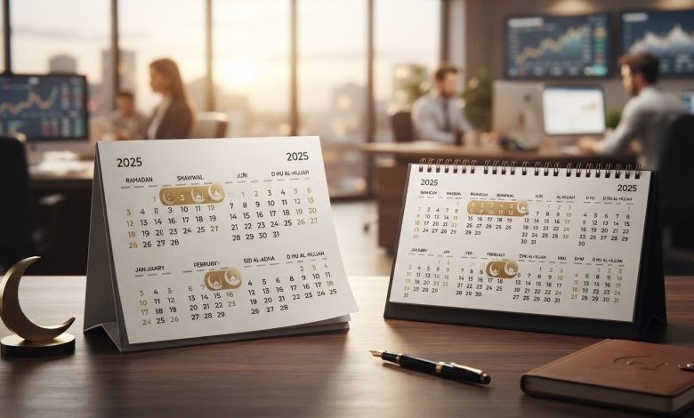 تقويمان هجري وميلادي يوضحان ظاهرة تكرار مناسبة إسلامية مرتين خلال السنة الميلادية مع أجواء احتفالية وهلال
