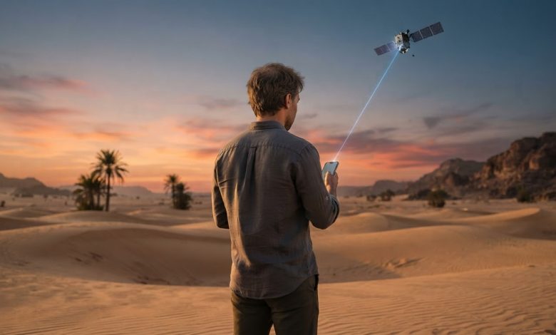 شاب يقف من الخلف ويحمل هاتفًا ذكيًا في منطقة مفتوحة بينما يظهر قمر صناعي في السماء في مشهد يرمز إلى الاتصال المباشر بين الهواتف والأقمار الصناعية.