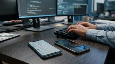 هاتف أندرويد منخفض التكلفة تظهر عليه تطبيقات مشبوهة بجوار شاشة حاسوب تعرض بيانات أمن سيبراني، في مشهد يوضح مخاطر البرمجيات الخبيثة المثبتة مسبقًا على بعض الهواتف الذكية.