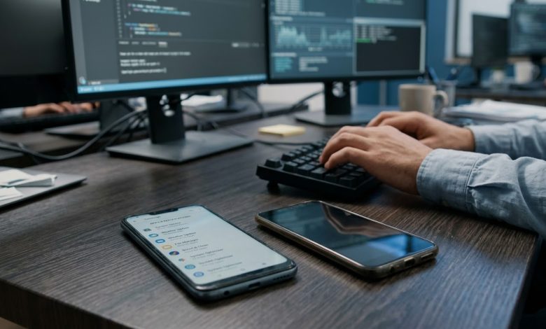 هاتف أندرويد منخفض التكلفة تظهر عليه تطبيقات مشبوهة بجوار شاشة حاسوب تعرض بيانات أمن سيبراني، في مشهد يوضح مخاطر البرمجيات الخبيثة المثبتة مسبقًا على بعض الهواتف الذكية.