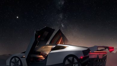 سيارة تسلا رودستر الرياضية الكهربائية بتصميم انسيابي حديث، ضمن أحدث تقنيات تسلا في السيارات الكهربائية عالية الأداء وتقنيات سبيس إكس