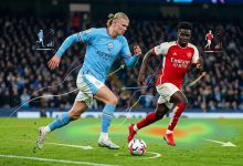 لاعبان من الدوري الإنجليزي الممتاز يتنافسان على الكرة داخل الملعب، مع رسوم تحليلية رياضية توضح مسارات تحرك اللاعبين ومناطق الضغط والمسافات المقطوعة، في مشهد يعكس دور الإحصائيات وتحليلات الأداء في تقييم تأثير الركض على نتائج مباريات الدوري الإنجليزي.