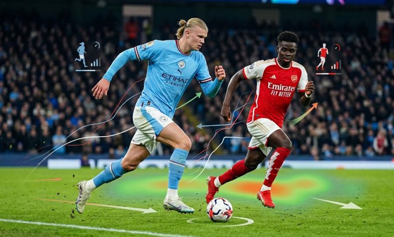 لاعبان من الدوري الإنجليزي الممتاز يتنافسان على الكرة داخل الملعب، مع رسوم تحليلية رياضية توضح مسارات تحرك اللاعبين ومناطق الضغط والمسافات المقطوعة، في مشهد يعكس دور الإحصائيات وتحليلات الأداء في تقييم تأثير الركض على نتائج مباريات الدوري الإنجليزي.