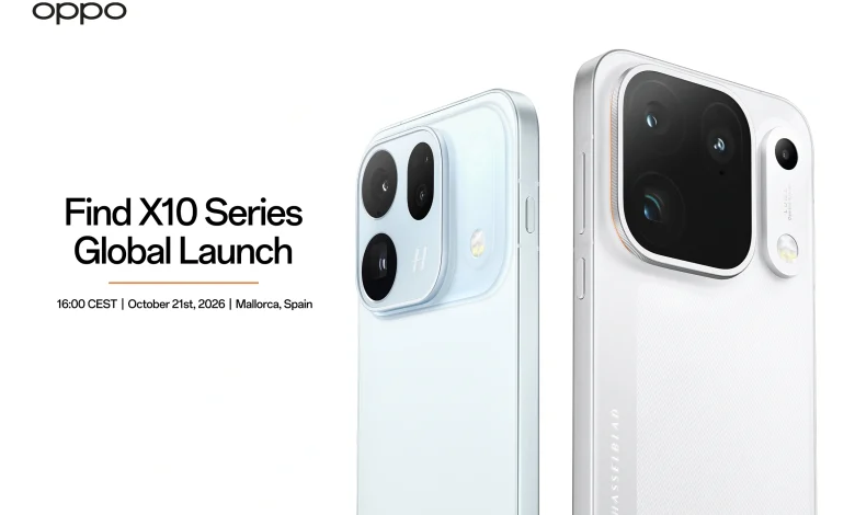 صورة هاتف أوبو Find X10 Pro Max من الأمام والخلف بتصميم أنيق وشاشة كبيرة ووحدة كاميرات خلفية متطورة، ضمن سلسلة هواتف أوبو Find X10 الجديدة لعام 2026.