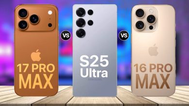 صورة مقارنة بين iPhone 17 Pro Max وSamsung Galaxy S25 Ultra توضح التصميمات والألوان المختلفة لكل هاتف مع التركيز على الشاشة والكاميرات.