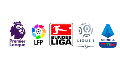 شعارات الدوريات الخمسة الكبرى في أوروبا: الدوري الإسباني، الدوري الإنجليزي، الدوري الإيطالي، الدوري الألماني، والدوري الفرنسي.