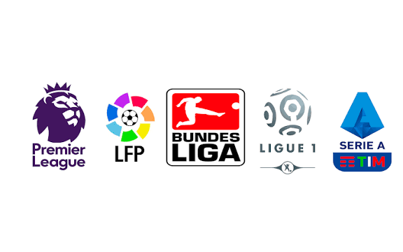 شعارات الدوريات الخمسة الكبرى في أوروبا: الدوري الإسباني، الدوري الإنجليزي، الدوري الإيطالي، الدوري الألماني، والدوري الفرنسي.