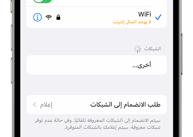 شاشة هاتف آيفون 17 تعرض إعدادات الواي فاي والاتصال بالشبكة، مع أيقونة الواي فاي في أعلى الشاشة.