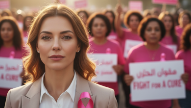 "امرأة ترتدي الشريط الوردي أمام مسيرة توعية بسرطان الثدي، مع واجهة رقمية للتشخيص بالذكاء الاصطناعي."
