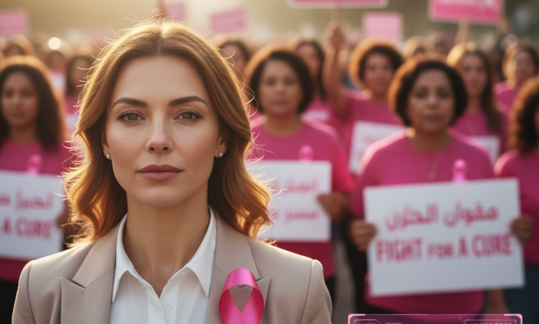 "امرأة ترتدي الشريط الوردي أمام مسيرة توعية بسرطان الثدي، مع واجهة رقمية للتشخيص بالذكاء الاصطناعي."