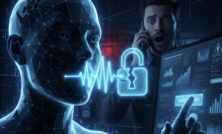 تمثيل رقمي لوجه بشري يصدر موجات صوتية وقفل رقمي مكسور، مع رجل مصدوم يتحدث في الهاتف وواجهة تحويل أموال على شاشة الكمبيوتر، يرمز للاحتيال الصوتي.