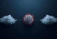 مجسم ثلاثي الأبعاد لفيروس كورونا باللون الأزرق على خلفية داكنة مع سحابتين مكتوب عليهما "Nimbus" و"Stratus"، في تصميم علمي حديث.