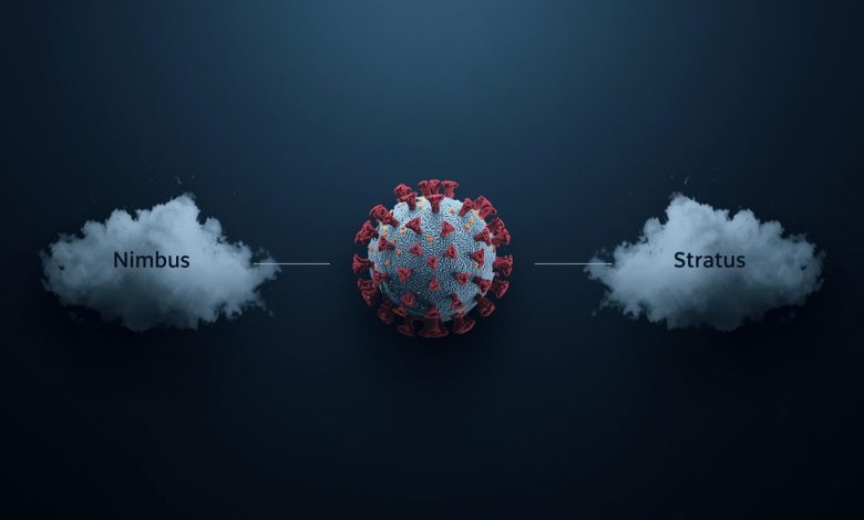 مجسم ثلاثي الأبعاد لفيروس كورونا باللون الأزرق على خلفية داكنة مع سحابتين مكتوب عليهما "Nimbus" و"Stratus"، في تصميم علمي حديث.