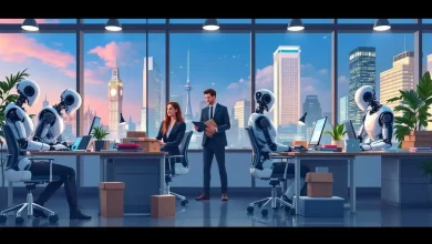 وكلاء الذكاء الاصطناعي (AI Agents) يعملون مع البشر والروبوتات في بيئة متكاملة، يرمز إلى مستقبل التعاون بين الإنسان والآلة والتحول التكنولوجي في عام 2026