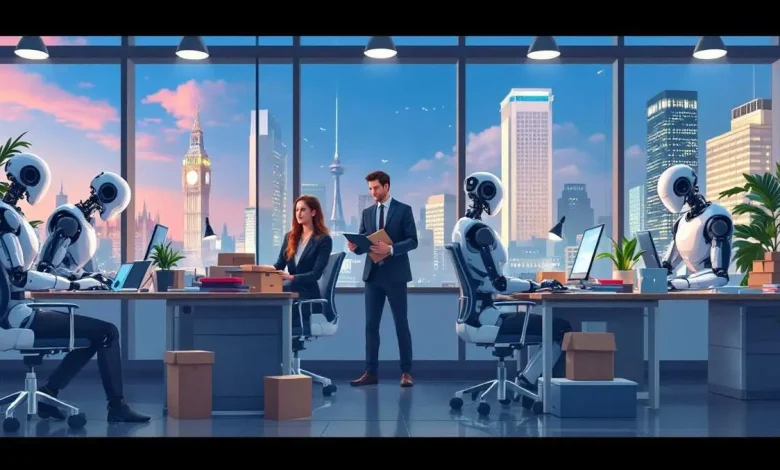 وكلاء الذكاء الاصطناعي (AI Agents) يعملون مع البشر والروبوتات في بيئة متكاملة، يرمز إلى مستقبل التعاون بين الإنسان والآلة والتحول التكنولوجي في عام 2026