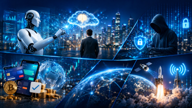 صورة تعبيرية تُظهر تقنيات الذكاء الاصطناعي والأمن السيبراني والعملات الرقمية وشبكات الاتصال الحديثة في مدينة رقمية مستقبلية.