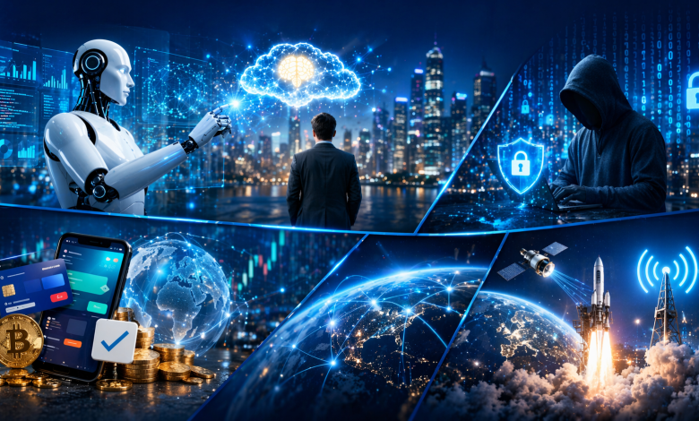 صورة تعبيرية تُظهر تقنيات الذكاء الاصطناعي والأمن السيبراني والعملات الرقمية وشبكات الاتصال الحديثة في مدينة رقمية مستقبلية.
