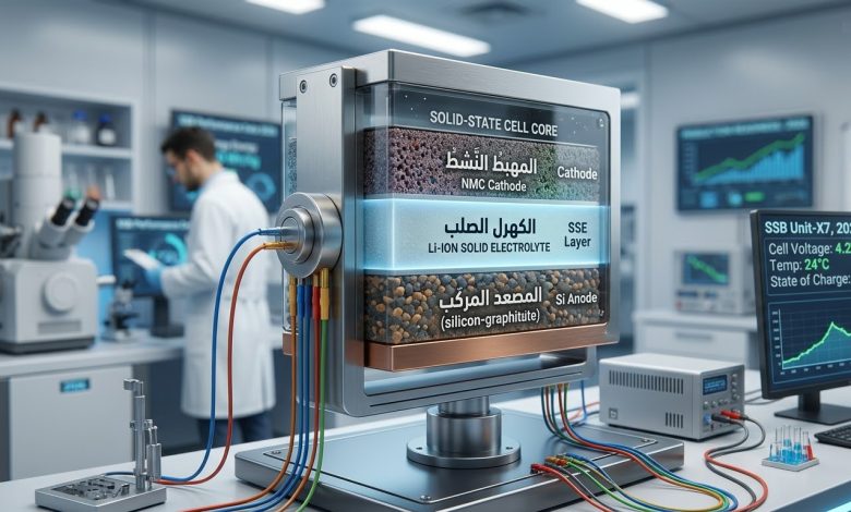 نموذج لبطارية الحالة الصلبة الحديثة داخل مختبر تقني متطور لعام 2026⁠