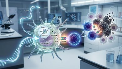 رسم توضيحي لتقنية mRNA في تدريب خلايا الجهاز المناعي لمهاجمة الخلايا السرطانية⁠