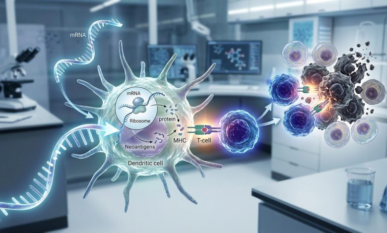 رسم توضيحي لتقنية mRNA في تدريب خلايا الجهاز المناعي لمهاجمة الخلايا السرطانية⁠
