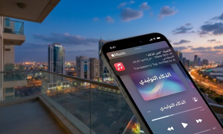 Text): ⁠تطبيق أبل ميوزك على هاتف ذكي يظهر علامة توضيحية لأغنية مصنوعة بالذكاء الاصطناعي⁠