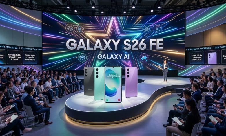 هاتف سامسونغ غالاكسي S26 FE الذكي الجديد مع شعار الذكاء الاصطناعي Galaxy AI.