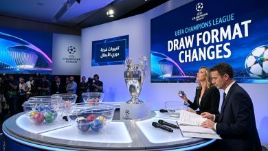 مراسم قرعة دوري أبطال أوروبا مع الشاشات التوضيحية للتغييرات الجديدة وكأس البطولة.