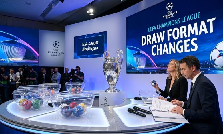 مراسم قرعة دوري أبطال أوروبا مع الشاشات التوضيحية للتغييرات الجديدة وكأس البطولة.