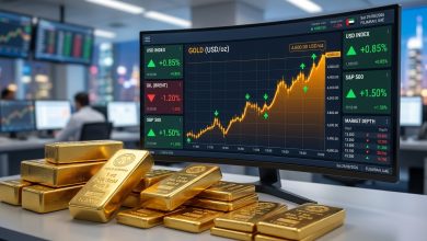 سبائك ذهبية متراصة مع شاشة تحكم تظهر رسم بياني صاعد لأسعار الذهب بالدولار ومؤشرات الأسواق المالية.