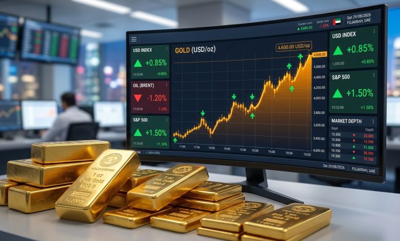 سبائك ذهبية متراصة مع شاشة تحكم تظهر رسم بياني صاعد لأسعار الذهب بالدولار ومؤشرات الأسواق المالية.