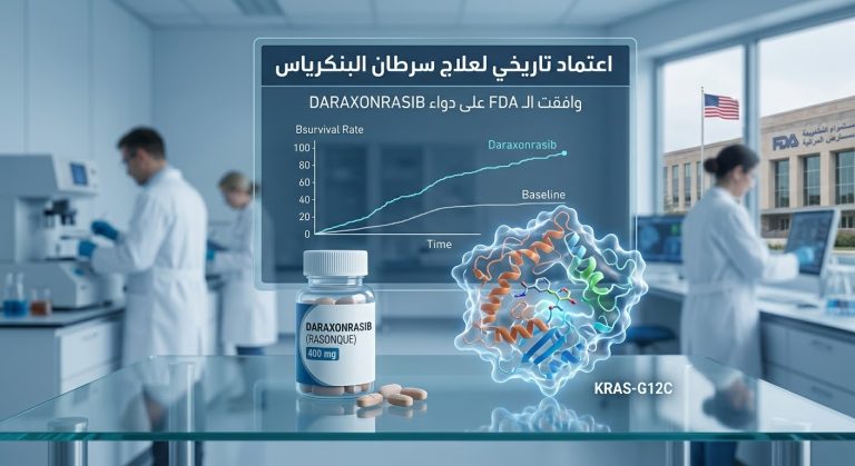 عبوة دوائية وأقراص علاج داراكسونراسيب (Rasonque) بجانب نموذج ثلاثي الأبعاد للتركيب الجزيئي لجين KRAS المعالج لسرطان البنكرياس.
