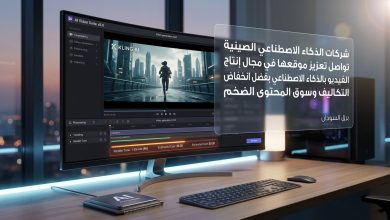 شاشة معملية حديثة تظهر خطوط زمنية وواجهة برمجية لإنتاج مقاطع فيديو بالذكاء الاصطناعي بدقة عالية خلفها مجسمات استوديو تصوير سينمائي افتراضي.