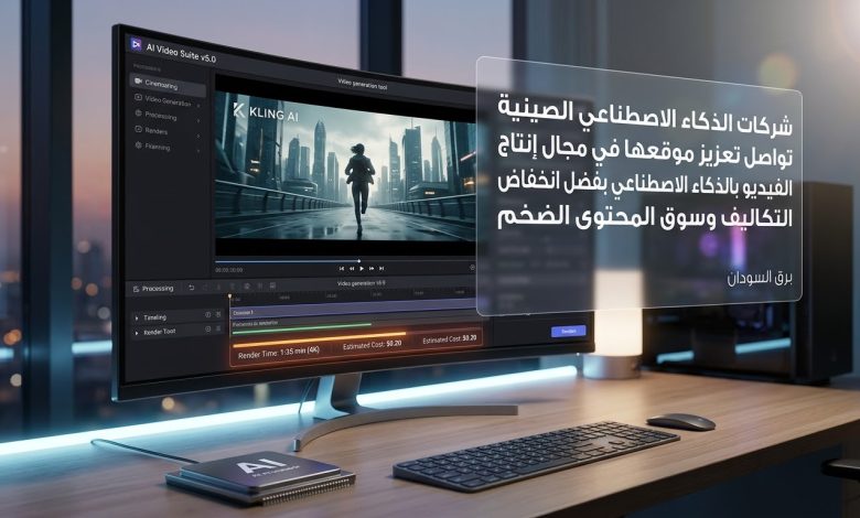 شاشة معملية حديثة تظهر خطوط زمنية وواجهة برمجية لإنتاج مقاطع فيديو بالذكاء الاصطناعي بدقة عالية خلفها مجسمات استوديو تصوير سينمائي افتراضي.