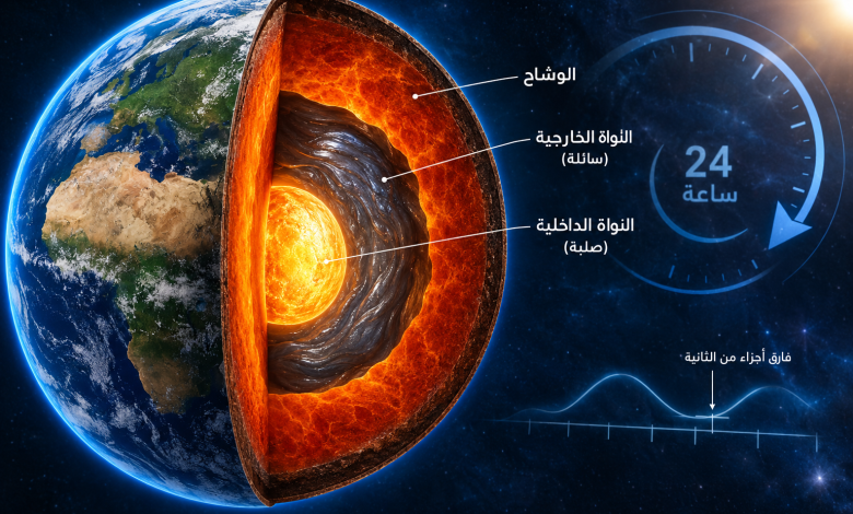 صورة توضيحية واقعية للأرض تكشف طبقاتها الداخلية والنواة الصلبة والنواة الخارجية السائلة والوشاح، مع رمز يوضح تغير طول اليوم وأجزاء الثانية الناتجة عن حركة نواة الأرض