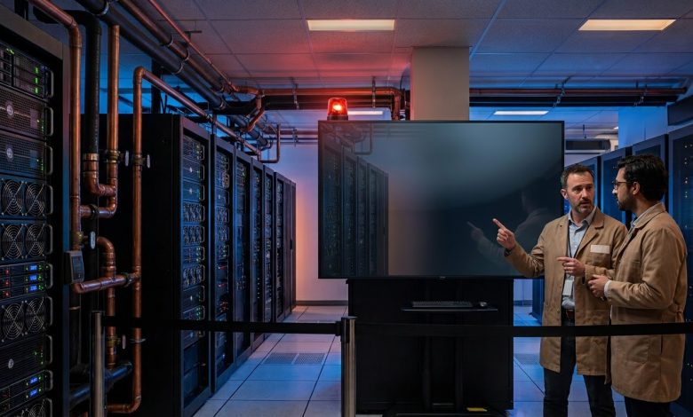 شاشة ترمز لتوقف عمليات تدريب الذكاء الاصطناعي في مختبر أبحاث مغلق مع إشارات تحذير أمنية.